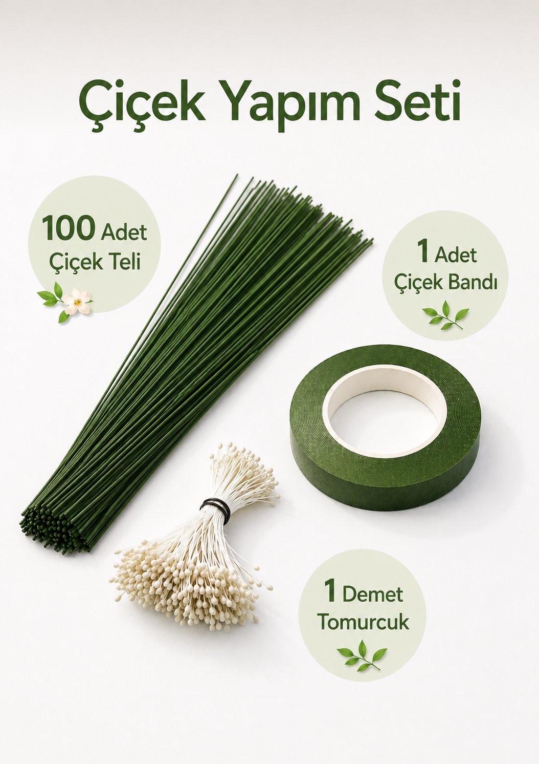Çiçek Yapım Seti - 100 Adet 40 cm Çiçek Teli + Çiçek Bandı + 7 gr Tomurcuk - Dekoratif Çiçek Yapım 3'lü Set