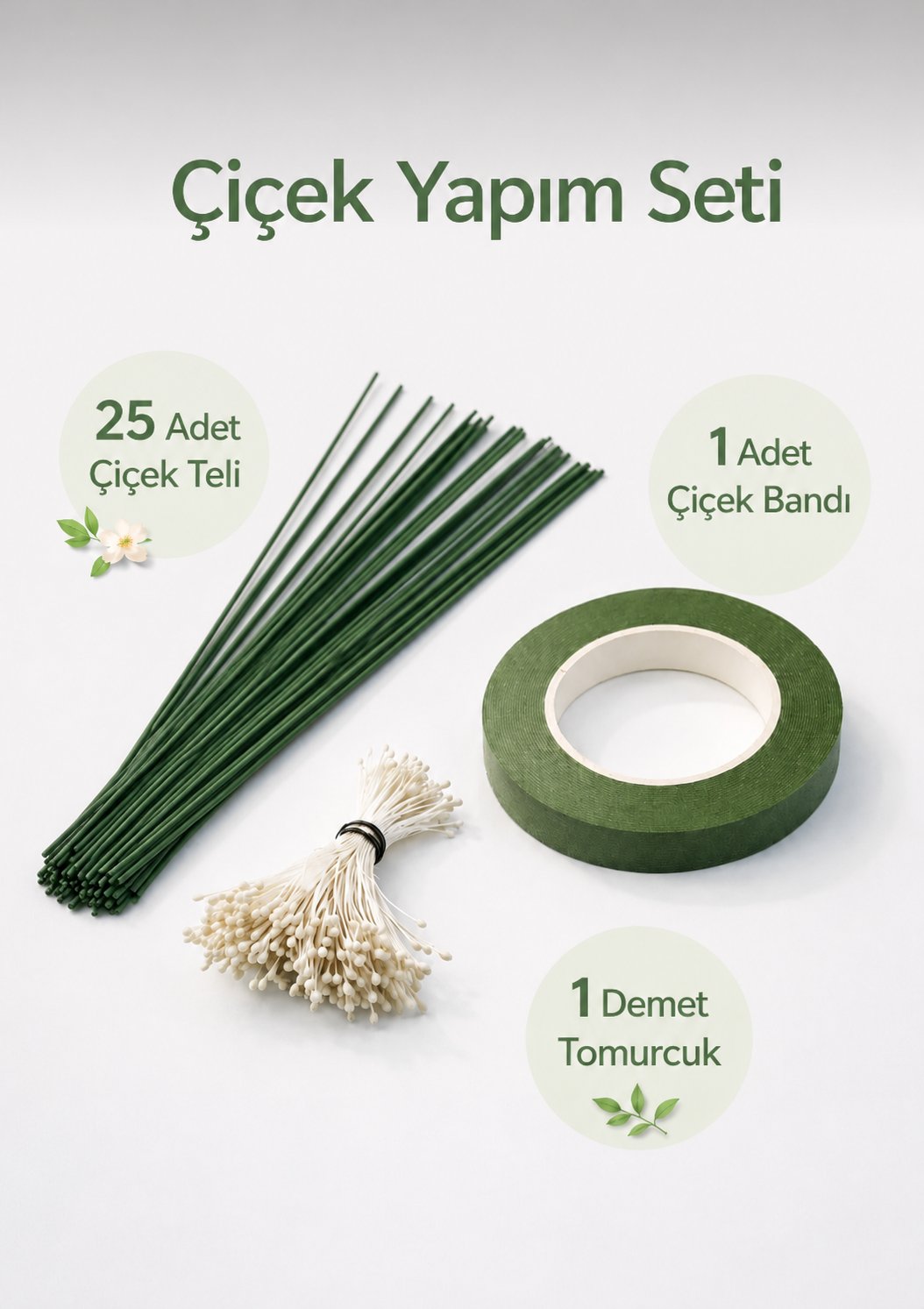 Çiçek Yapım Seti - 25 Adet 40 cm Çiçek Teli + Çiçek Bandı + 7 gr Tomurcuk - Dekoratif Çiçek Yapım 3'lü Set