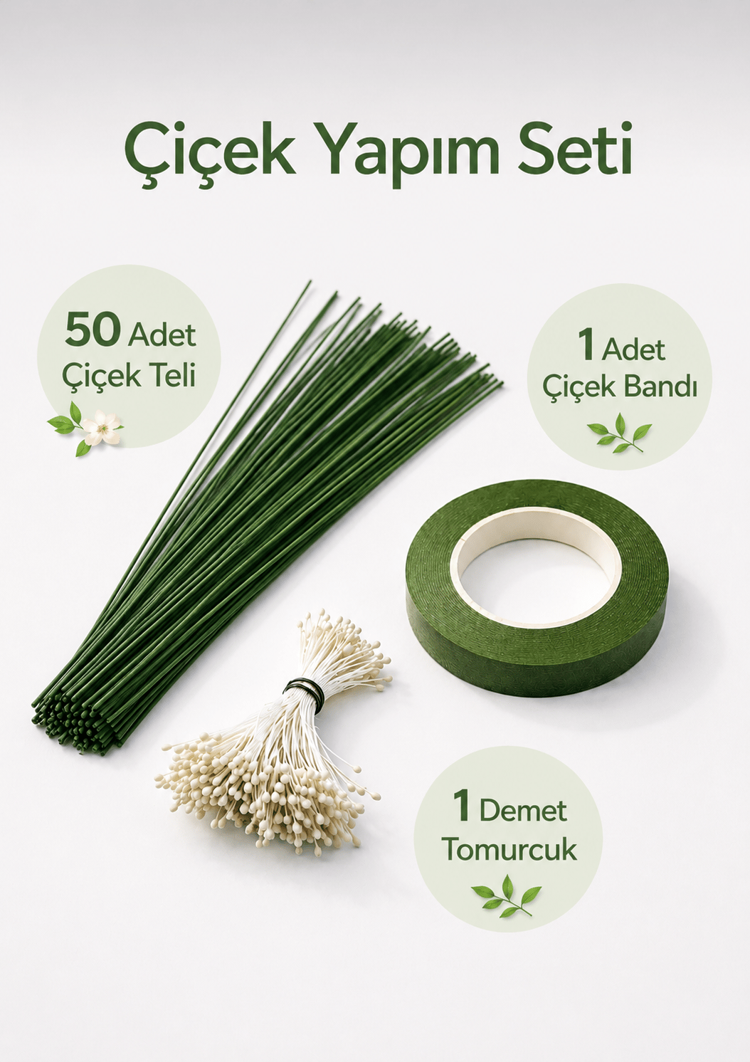 Çiçek Yapım Seti - 50 Adet 40 cm Çiçek Teli + Çiçek Bandı + 7 gr Tomurcuk - Dekoratif Çiçek Yapım 3'lü Set