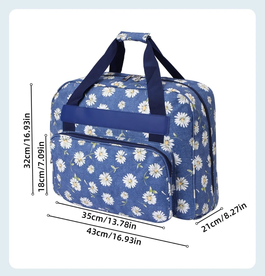 Dikiş Makinesi Taşıma Çantası Mavi Papatya Desenli– Trolley Pocketli - Dayanıklı Dikiş ve Örgü Organizer Çantası – Seyahat ve Ev İçin