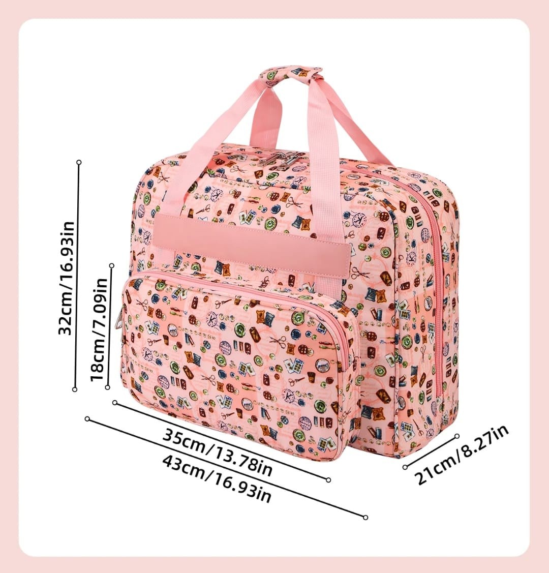 Dikiş Makinesi Taşıma Çantası Pembe Desenli– Trolley Pocketli - Dayanıklı Dikiş ve Örgü Organizer Çantası – Seyahat ve Ev İçin