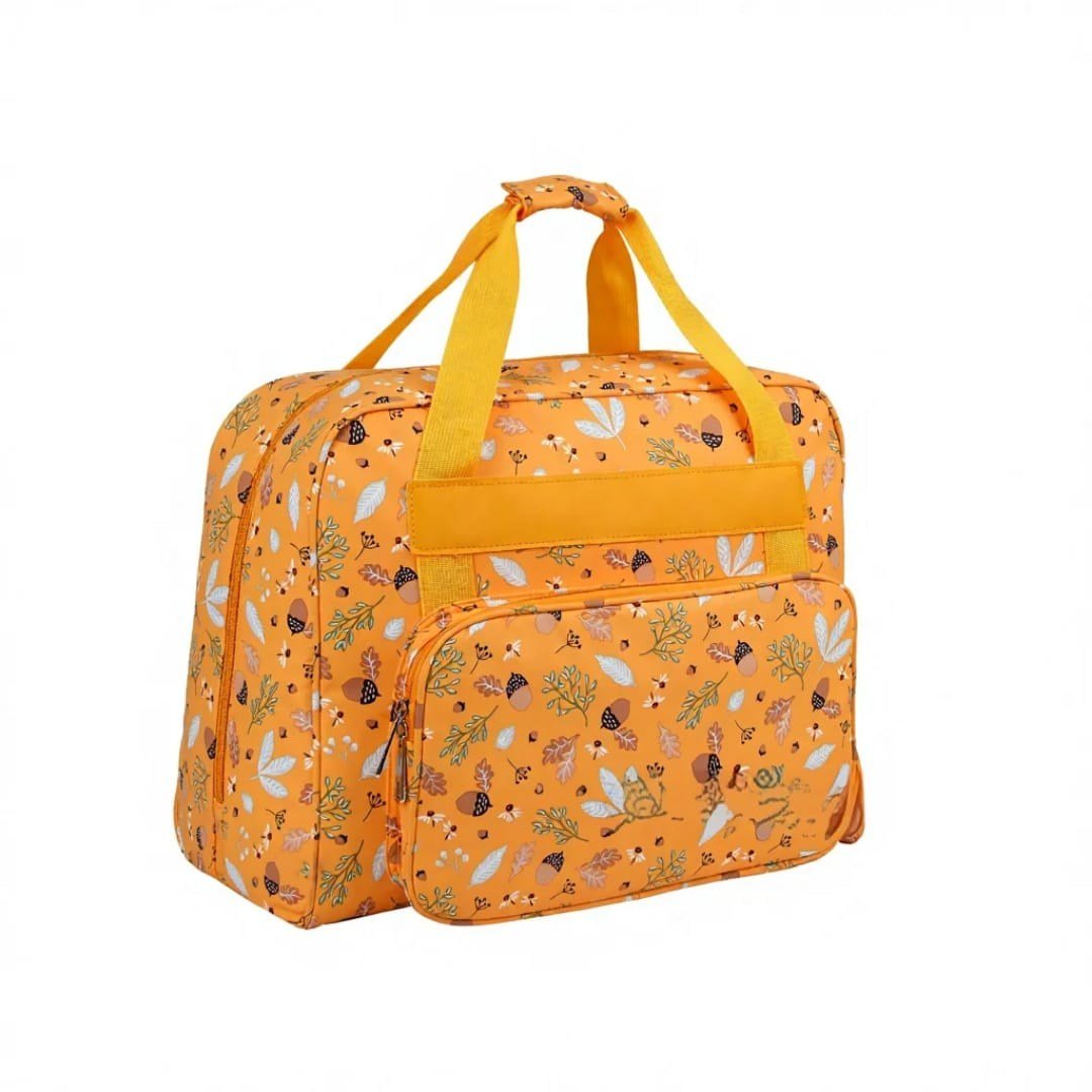 Dikiş Makinesi Taşıma Çantası Sarı Meşe Palamudu Desenli– Trolley Pocketli - Dayanıklı Dikiş ve Örgü Organizer Çantası – Seyahat ve Ev İçin