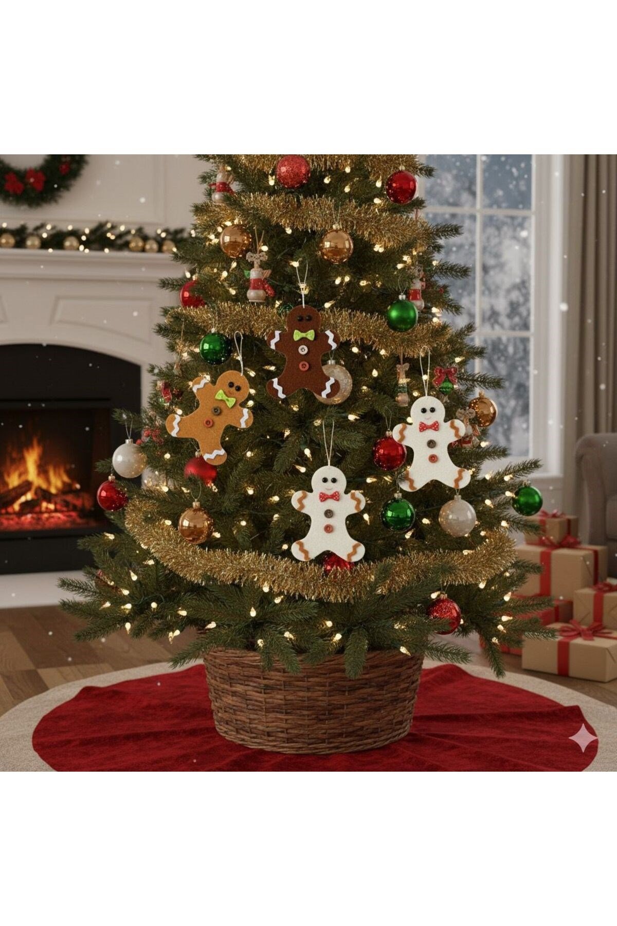 El Yapımı Yılbaşı Ağacı Süsü, Çam Ağacı Süsü, Noel Ağacı Süsü, 5'li Keçe kurabiye adam