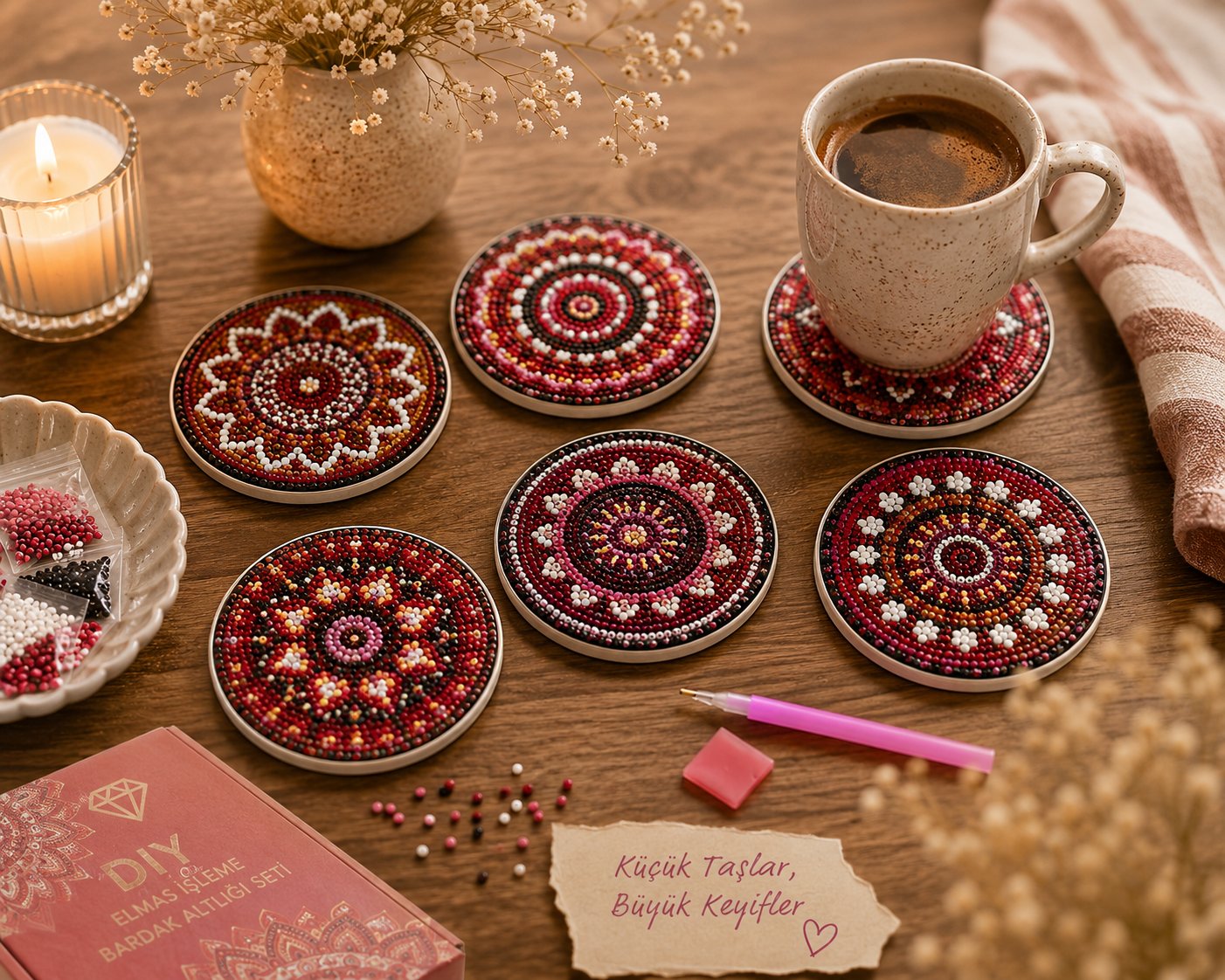 Elmas Boyama Bardak Altlığı Seti – 6 Parça, Plastik Stant Dahil, DIY Kendin Yap