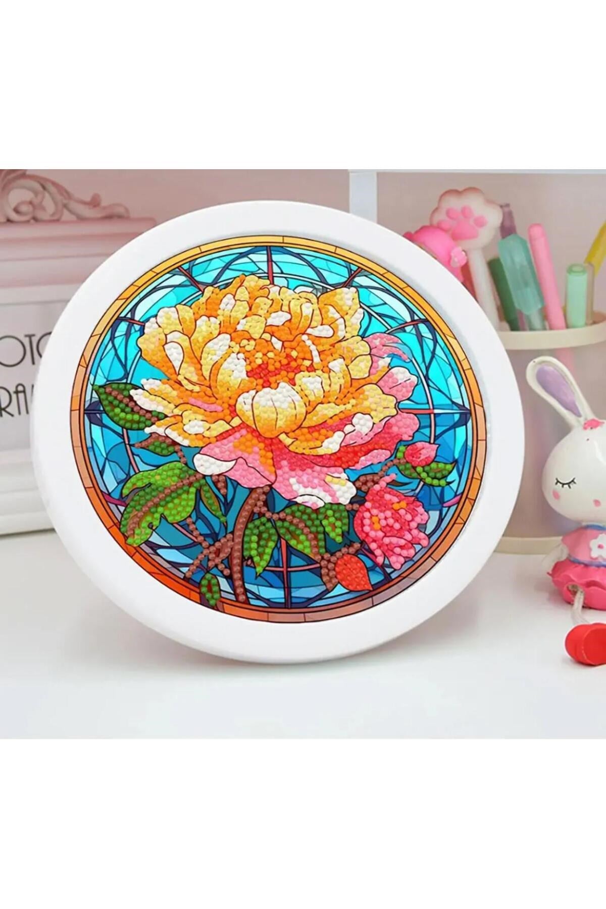 Histone 5D Elmas Taş İşleme Kiti 20x20 cm Yuvarlak Çerçeveli Çiçek Desen
