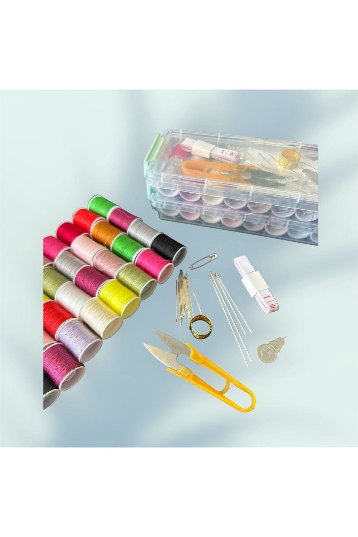 iki katlı kutulu dikiş seti, organizerli set, iğne seti, makas, yüksük, mezura (56 parça)