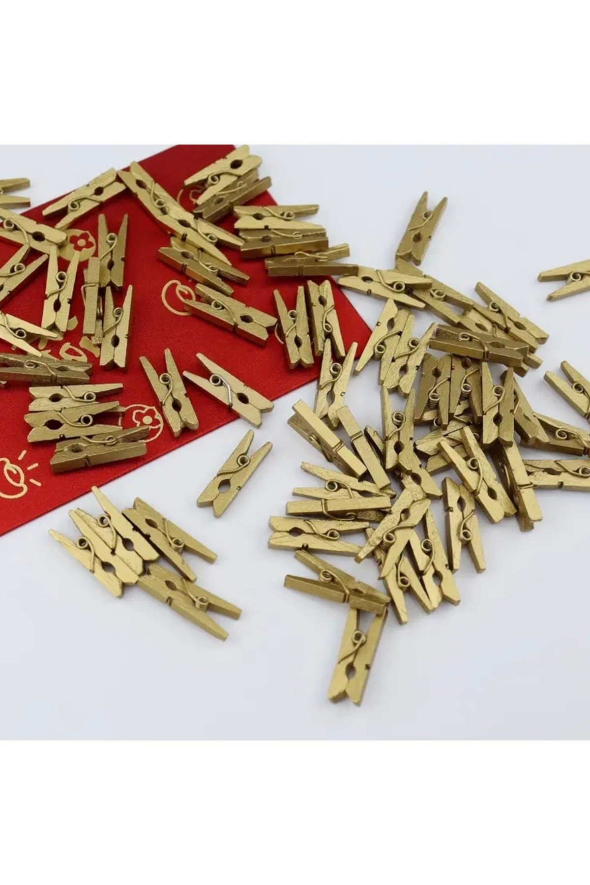 Mini mandal, ahşap mini mandal, fotoğraf mandalı, dekoratif mandal 100 adet altın sarısı