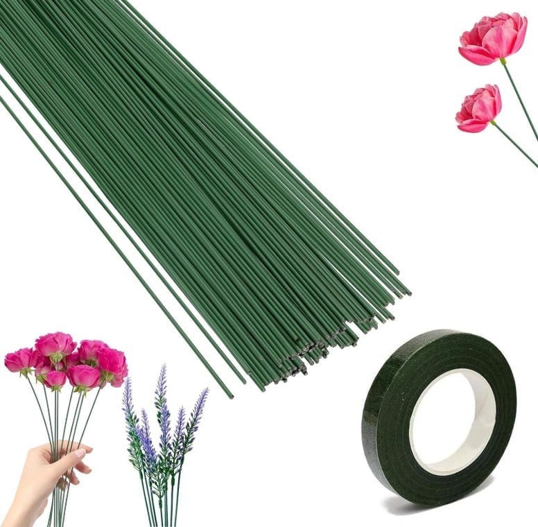 Plastik Çiçek Yapma Teli - 40CM - 100 Adet Çiçek Yapım Teli+1 Adet Çiçek Bandı - Dekoratif Çiçek Yapım Teli 