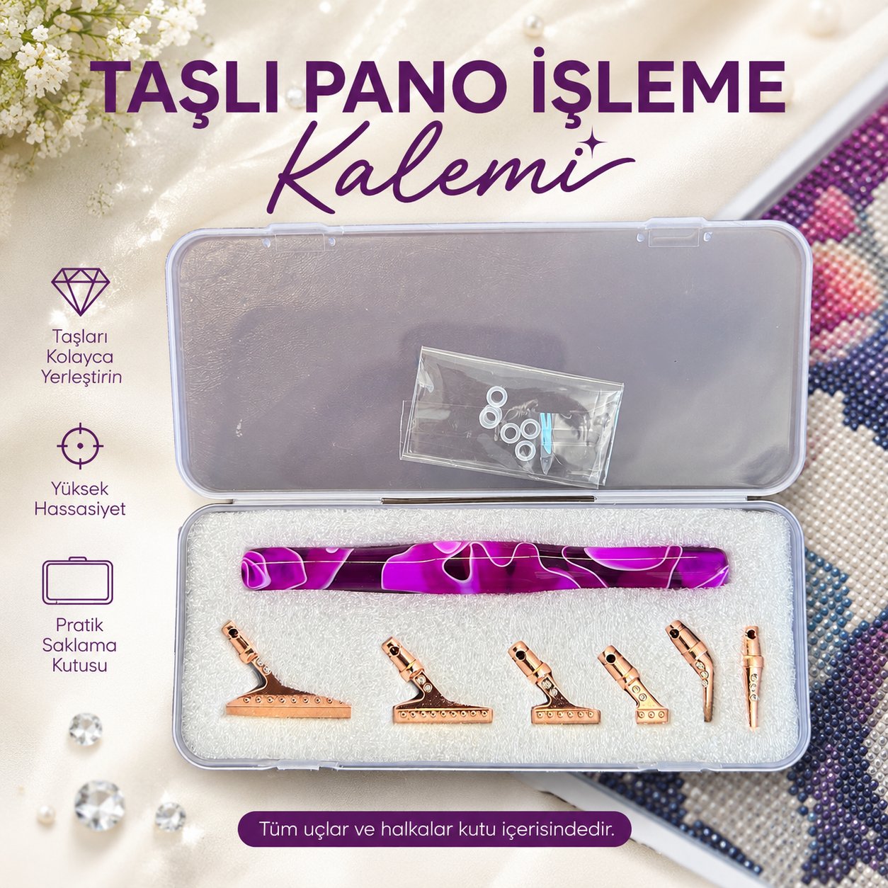 Taşlı Pano İşleme Kalemi Seti Çift Taraflı 6 Metal Uçlu Diamond Painting Kalemi Akrilik Gövdeli Kutulu
