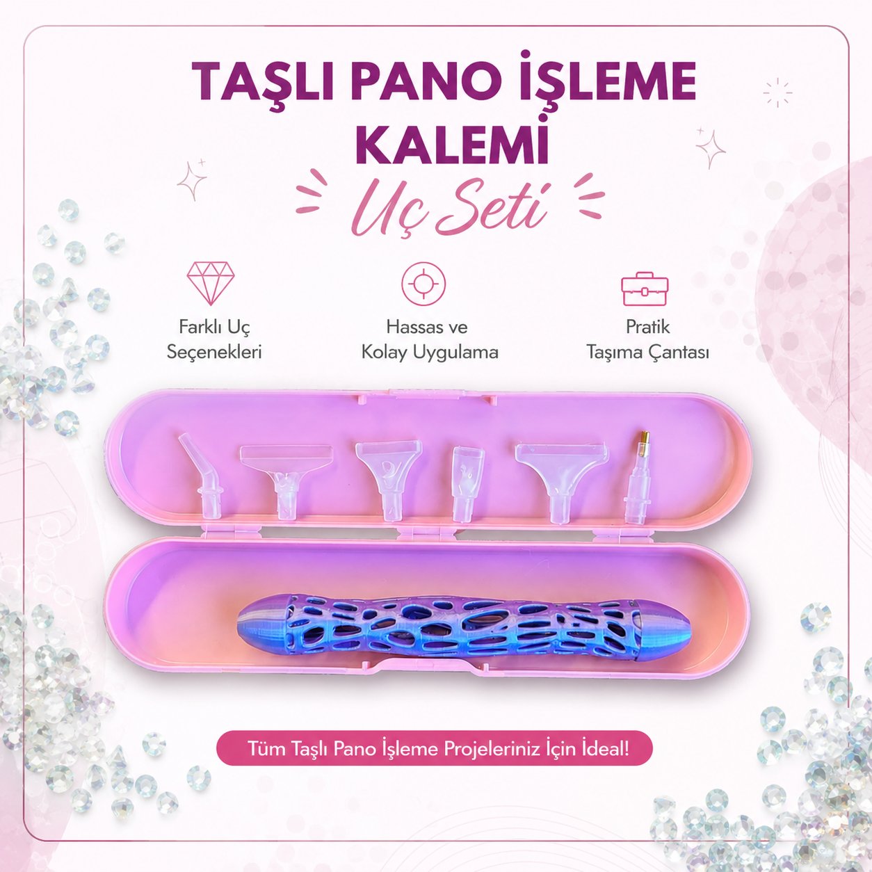 Taşlı Pano İşleme Kalemi Seti Diamond Painting Kalemi 6 Farklı Uçlu Taş Dizme Kalemi Taşıma Kutulu - Çift Taraflı Taş İşleme Kalemi