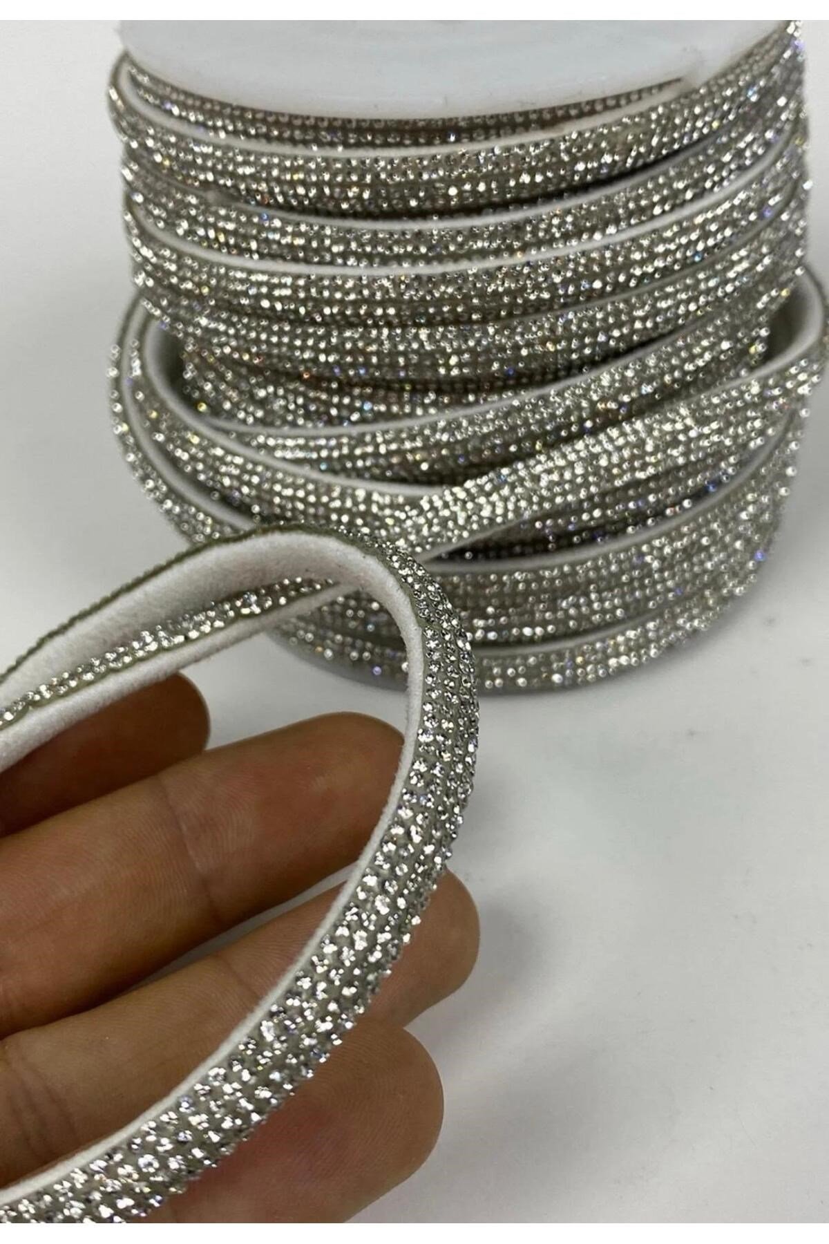 taşlı süngerli şerit, Yarım taşlı şerit, Kristal şerit, ayakkabı şeriti, süsleme taş 1cm 1mt gümüş