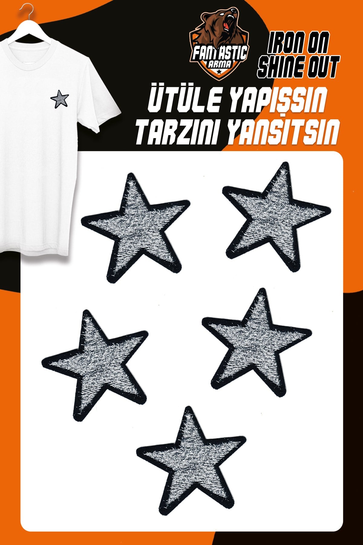 Ütü Ile Yapışan Dokuma Arma Seti Patch Yama Gümüş Simli Saçaklı Yıldız Modeli - 5 ADET