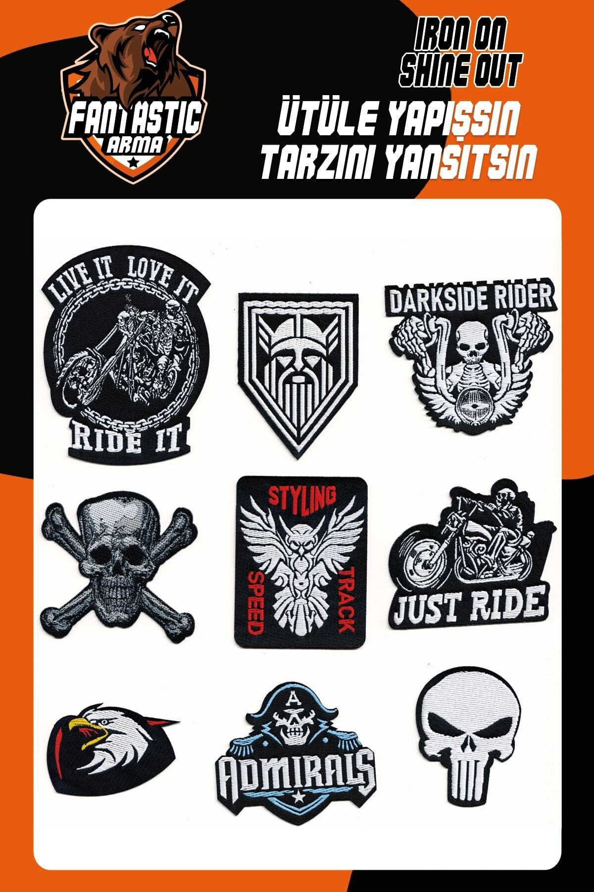 Ütü Ile Yapışan Dokuma Arma Seti Patch Yama Motorcu Set, Kurukafa Modeli