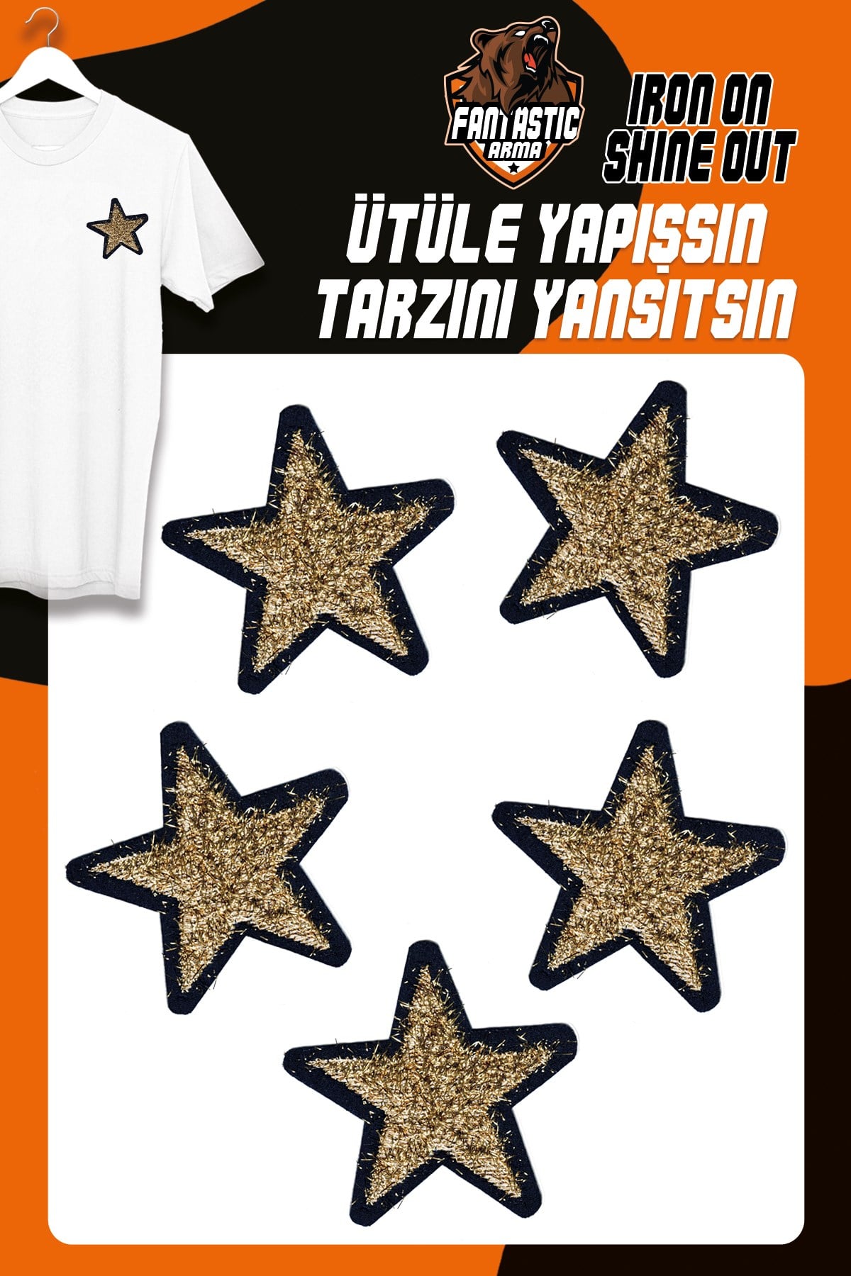 Ütü Ile Yapışan Dokuma Arma Seti Patch Yama Altın Simli Saçaklı Yıldız Modeli (5 ADET)