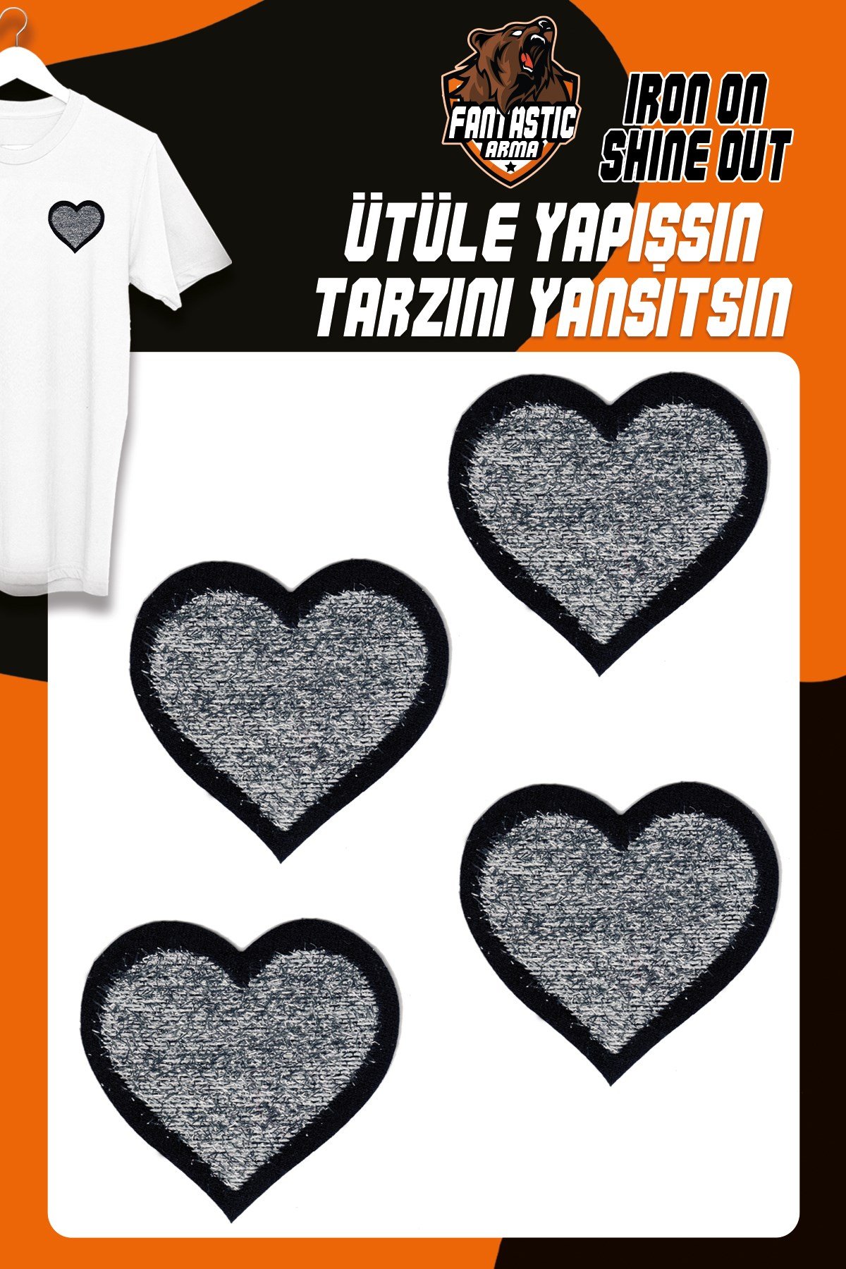 Ütü Ile Yapışan Dokuma Arma Seti Patch Yama Gümüş Simli Saçaklı Kalp Modeli (4 ADET)