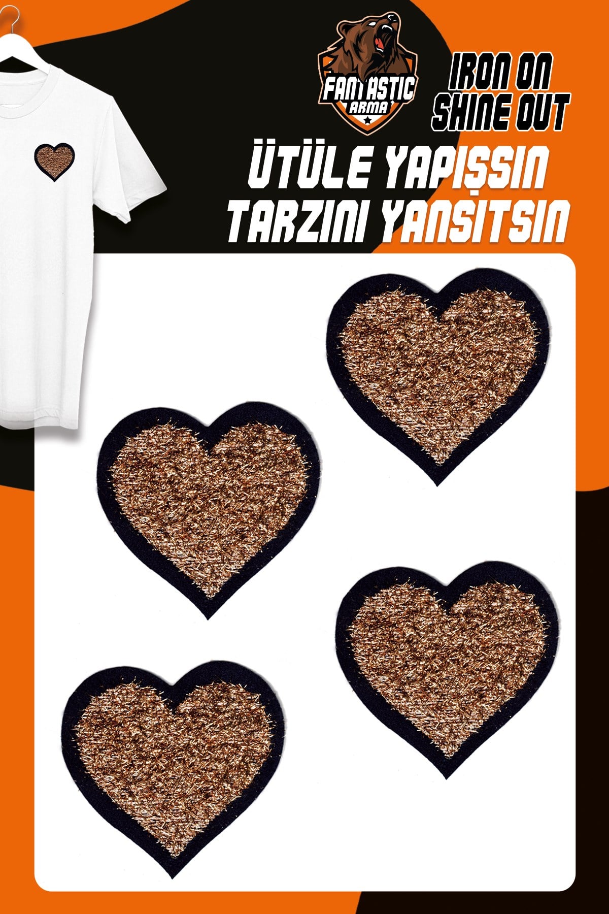 Ütü Ile Yapışan Dokuma Arma Seti Patch Yama Altın Simli Saçaklı Kalp Modeli (4 ADET)