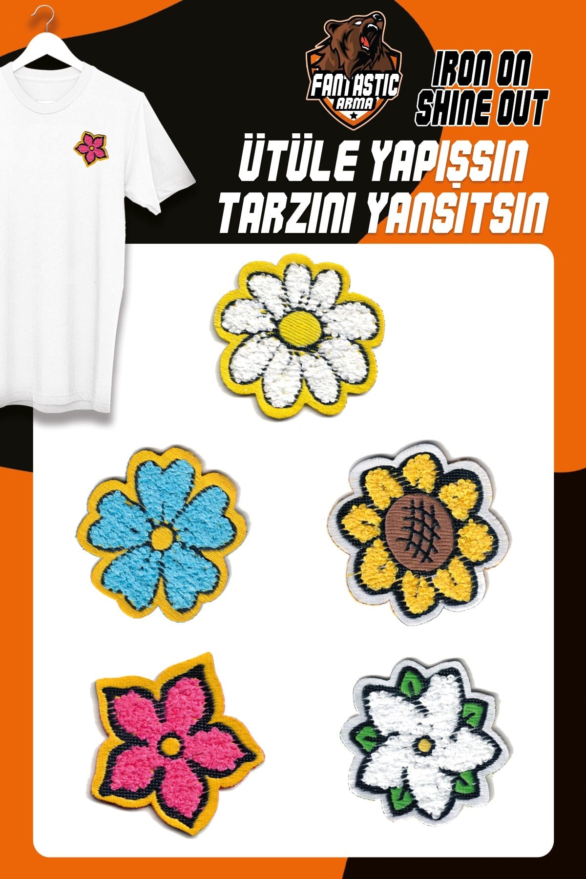 ÜTÜ İLE YAPIŞAN DOKUMA PELUŞ ARMA SETİ PATCH YAMA RENLİ ÇİÇEK MODELİ