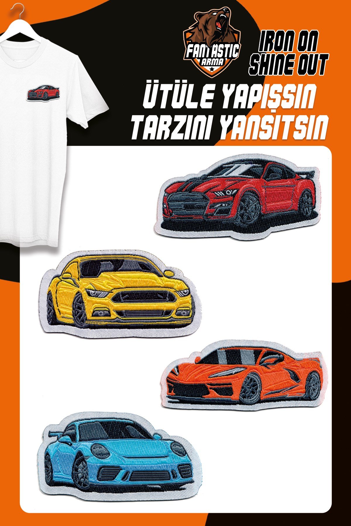 Ütüyle Yapışan Renkli Spor Arabalar Dokuma Arma Seti (4'lü Paket) – Giysi Süsleme ve Onarım Yaması