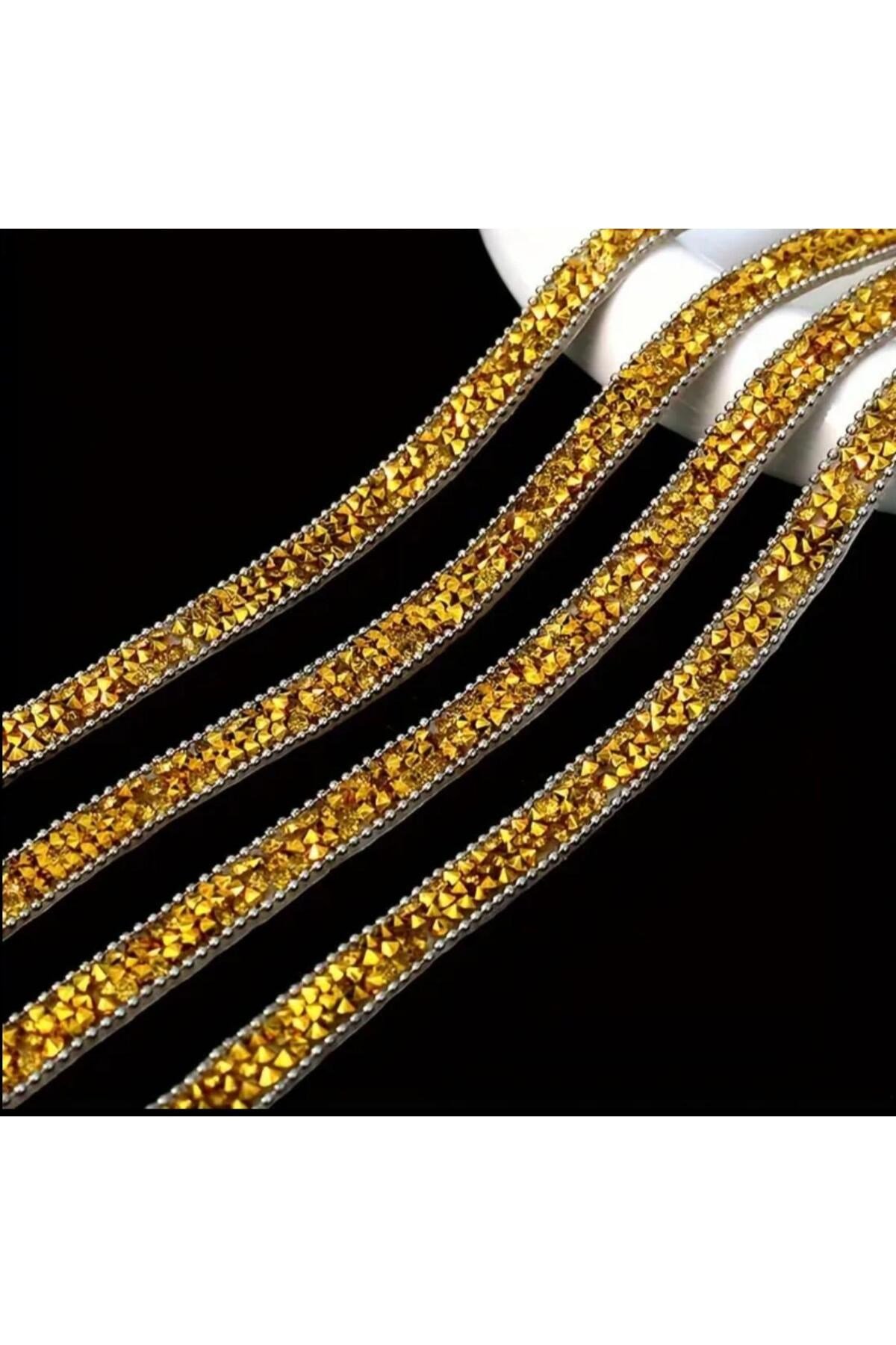 Ütüyle Yapışan Zincirli Taşlı Şerit, Yapışkanlı Taşlı Şerit Abiye Taşlı Şerit, 2 Mt 1,5cm Gold