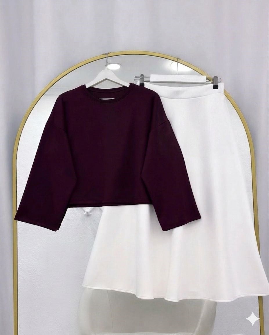 Basic Bluz Kloş Etekli Takım Mor