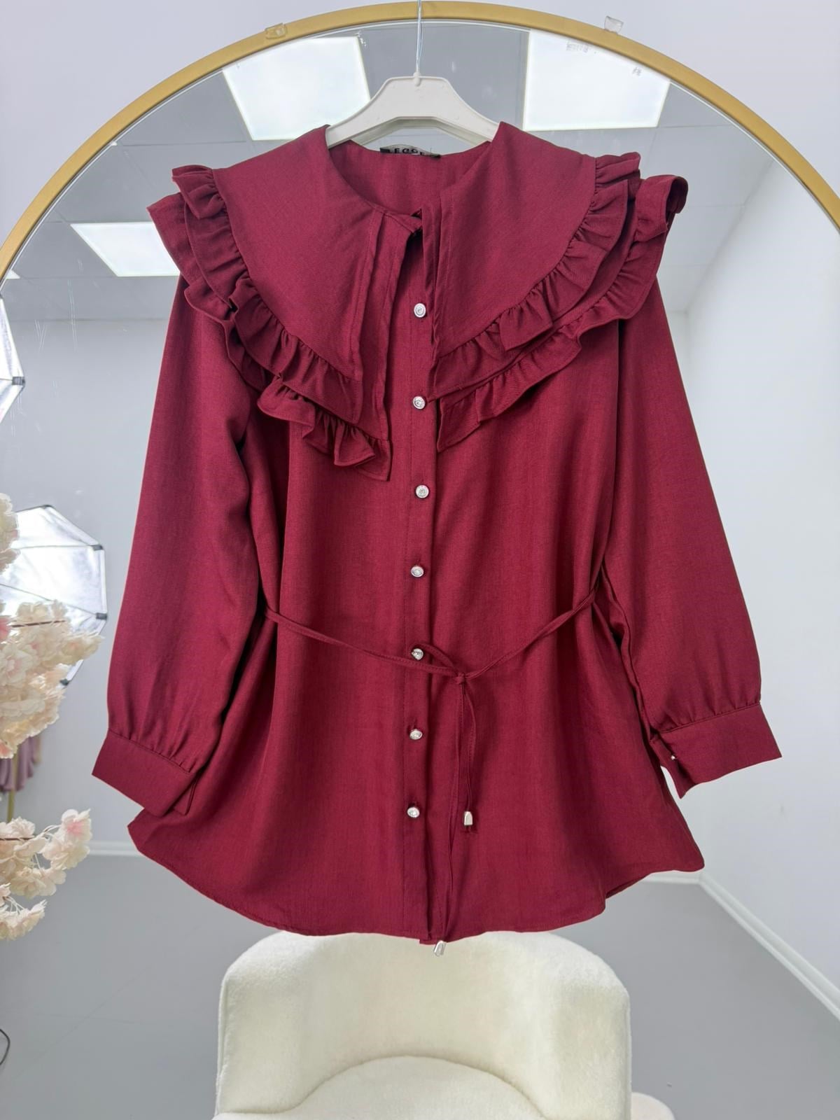Fırfır Yaka Bağcıklı Tunik Bordo