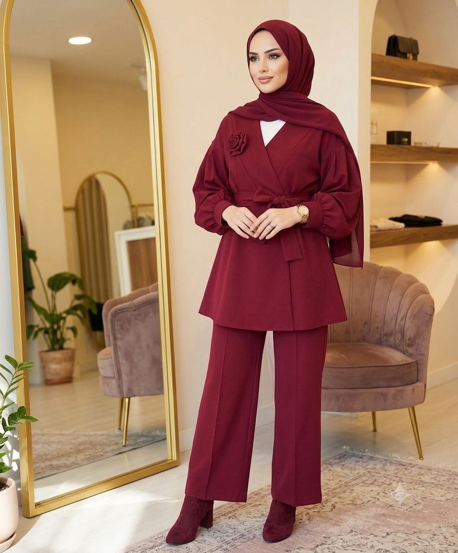 Gül Detaylı Pantolonlu İkili Takım Bordo