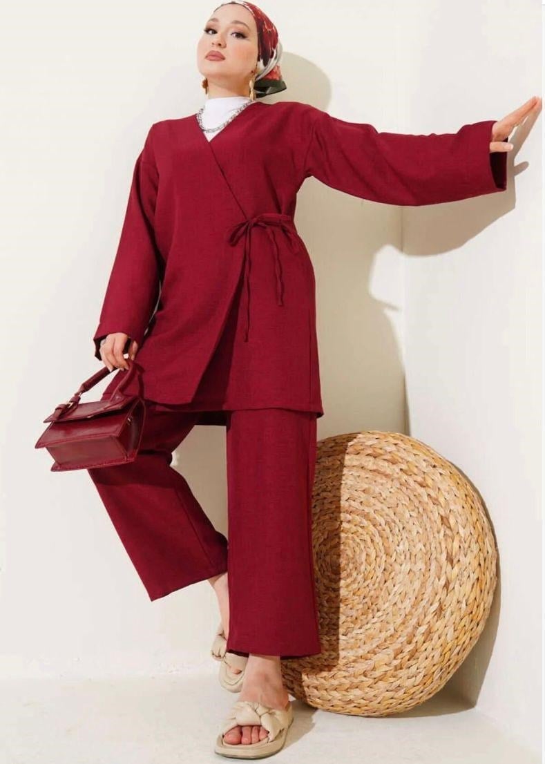 Kadın Bağcıklı Kimono Takım Bordo