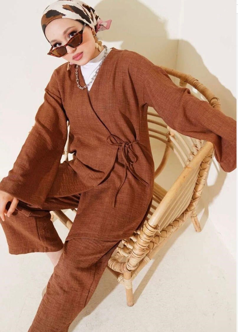 Kadın Bağcıklı Kimono Takım Kahverengi