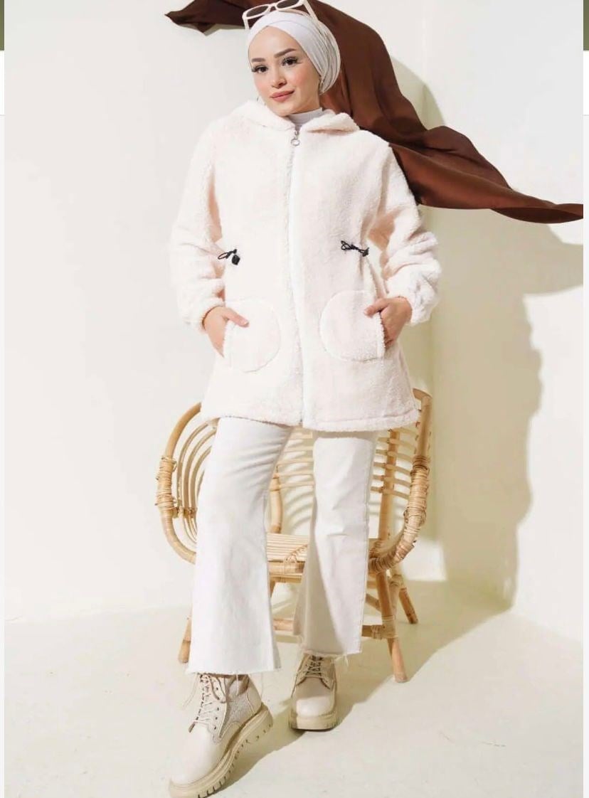 Kadın Beli Lastikli Pelüş Hırka Beyaz