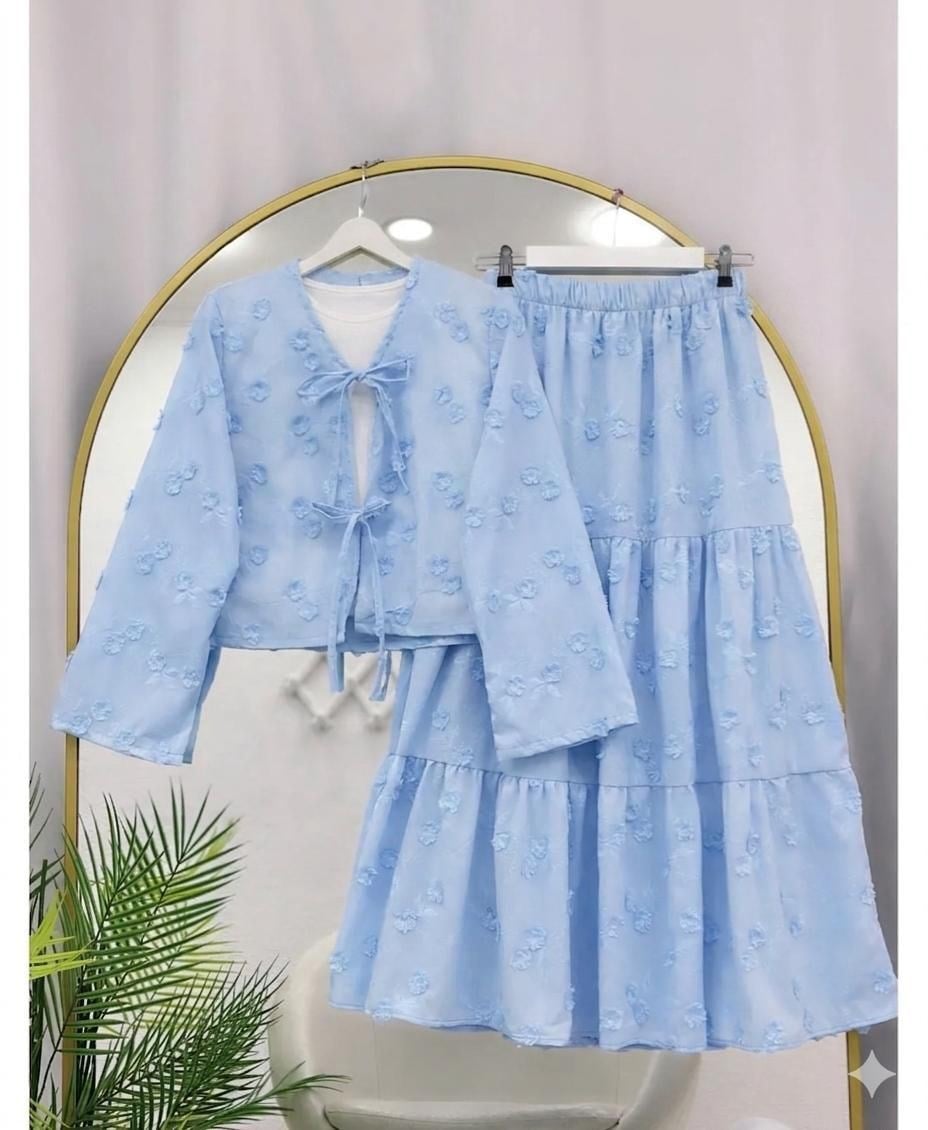 Kadın çiçek nakışlı kimono etekli takım - mavi