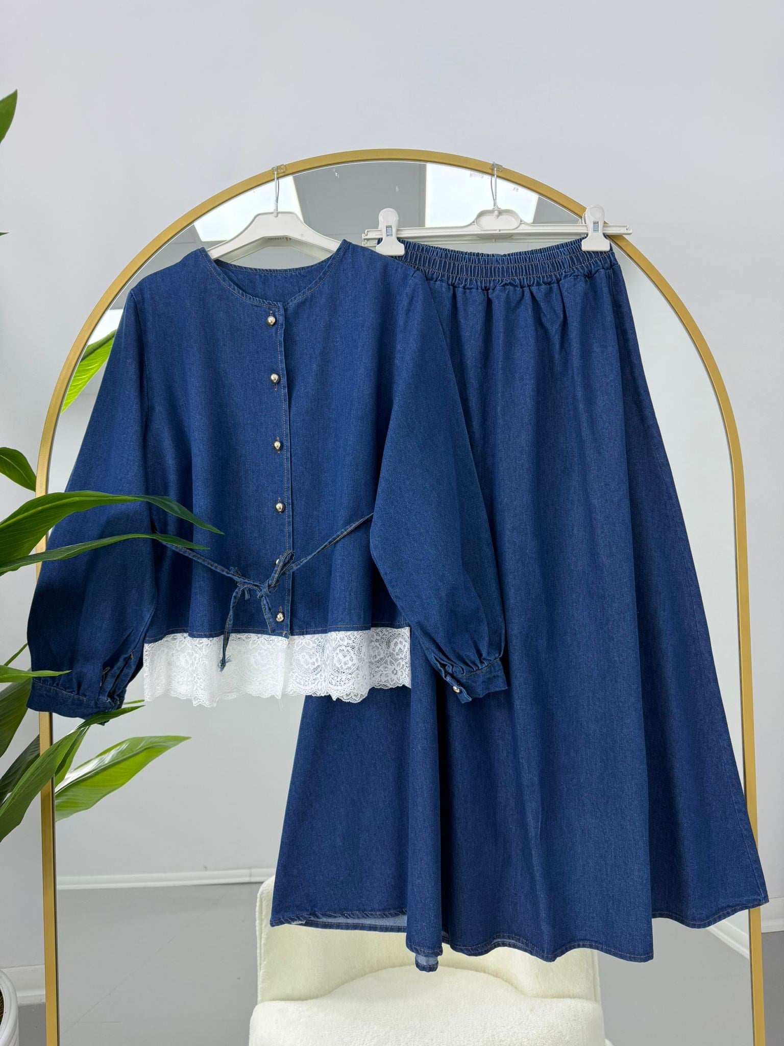 Kadın Denim Dantel Detaylı  Takım Lacivert
