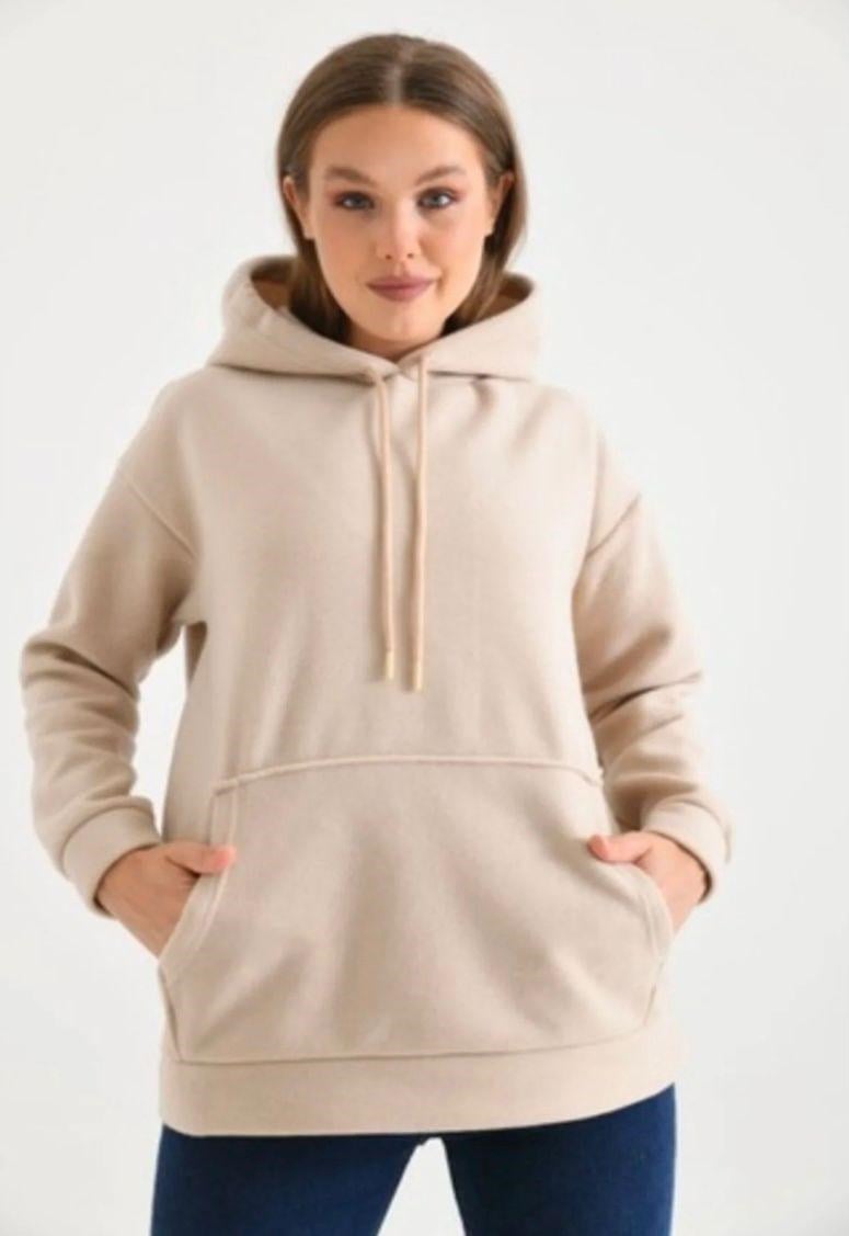 Kadın Kapşonlu Sweatshirt Bej