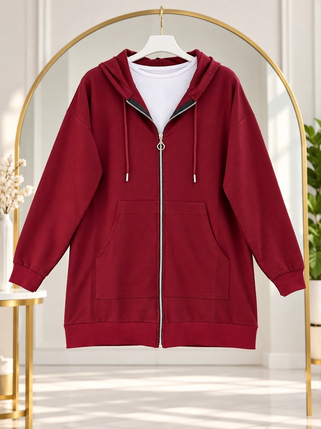 Kadın Kapüşonlu Fermuarlı Sweatshirt Bordo