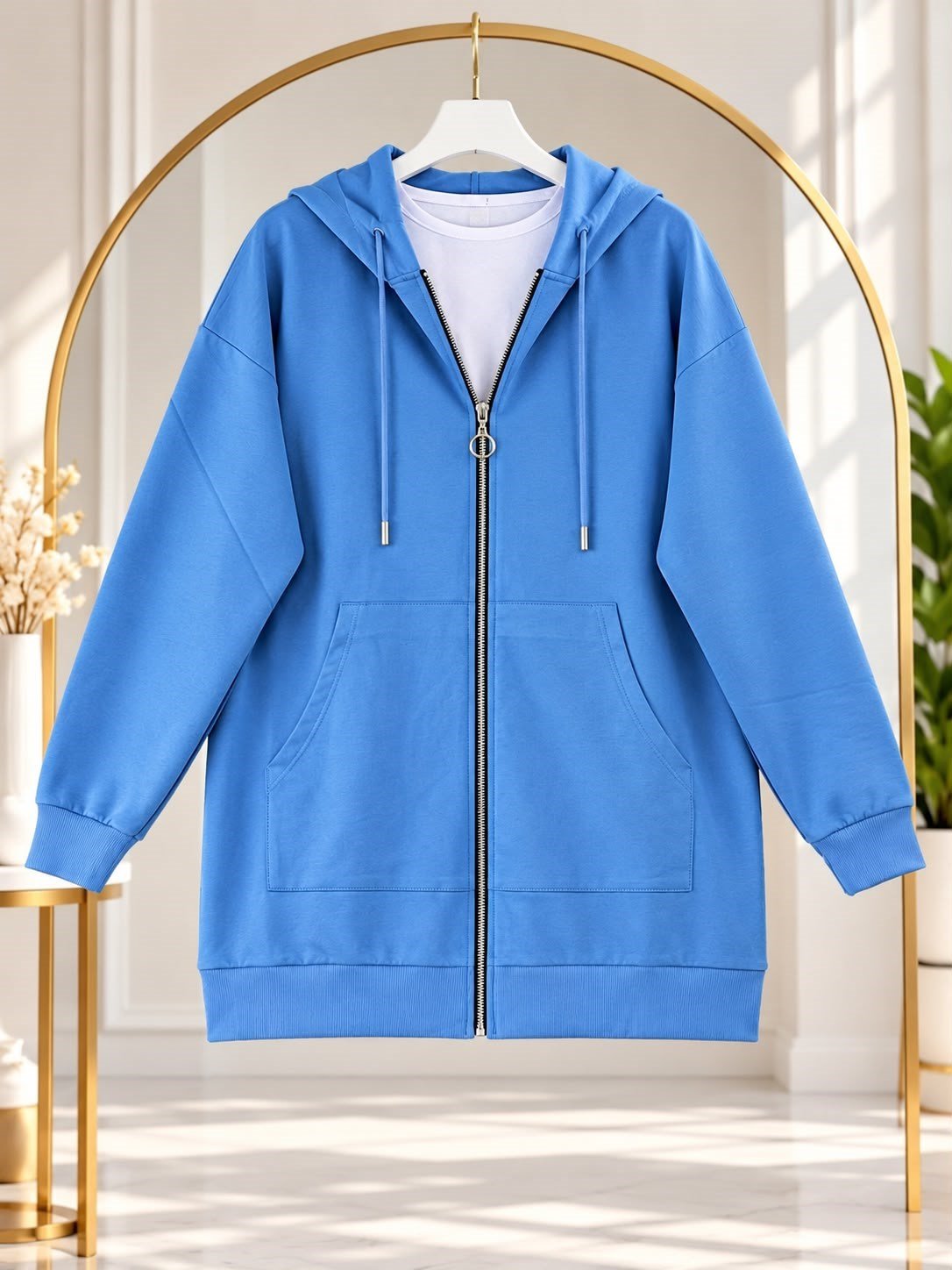 Kadın Kapüşonlu Fermuarlı Sweatshirt Mavi