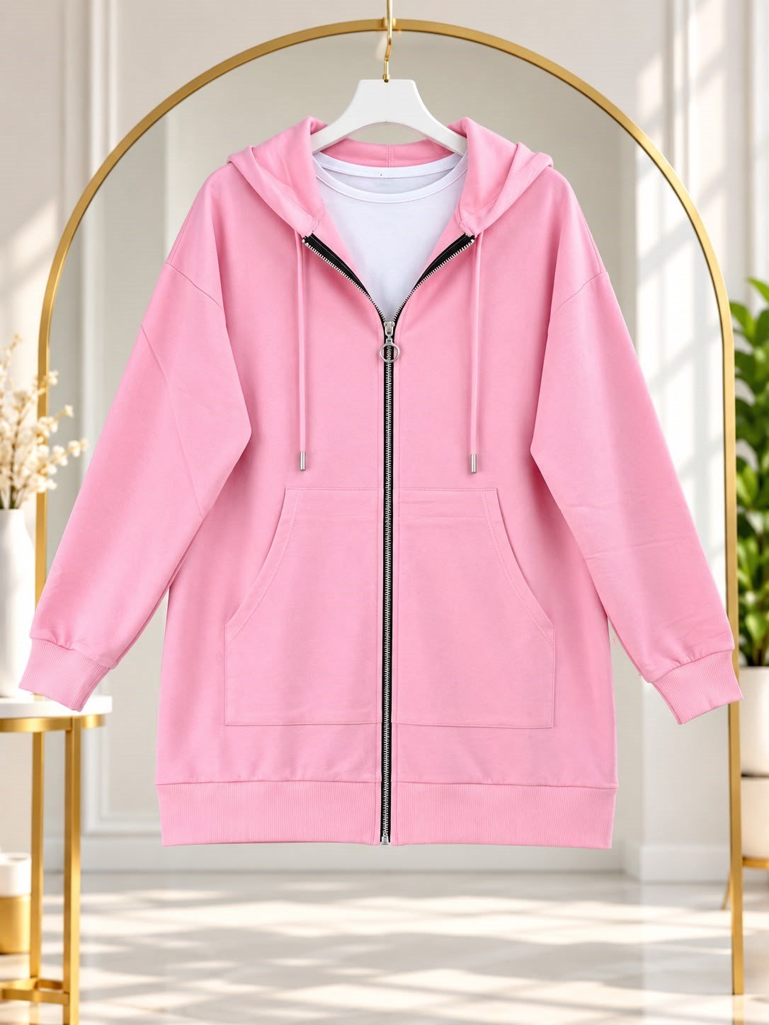 Kadın Kapüşonlu Fermuarlı Sweatshirt Pembe