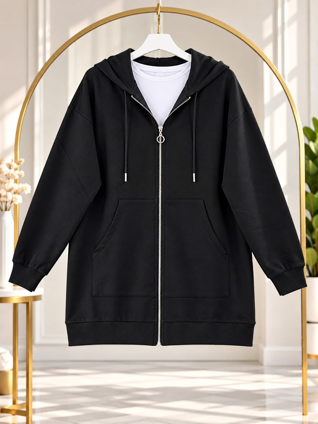 Kadın Kapüşonlu Fermuarlı Sweatshirt Siyah