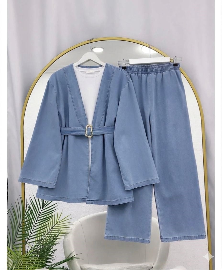 Kadın Kemer Detaylı Kot Kimono Takım - Açık Mavi