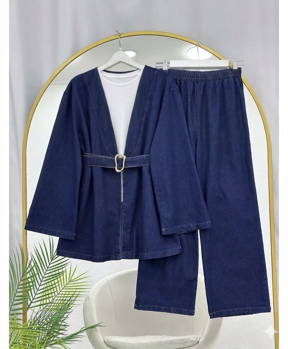 Kadın Kemer Detaylı Kot Kimono Takım - Lacivert