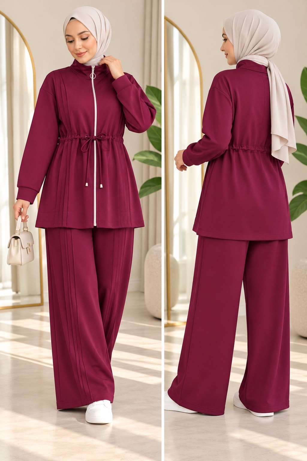 Kadın Lalin Çıma Detaylı Bel Büzgülü Tesettür Pantolonlu Takım Bordo