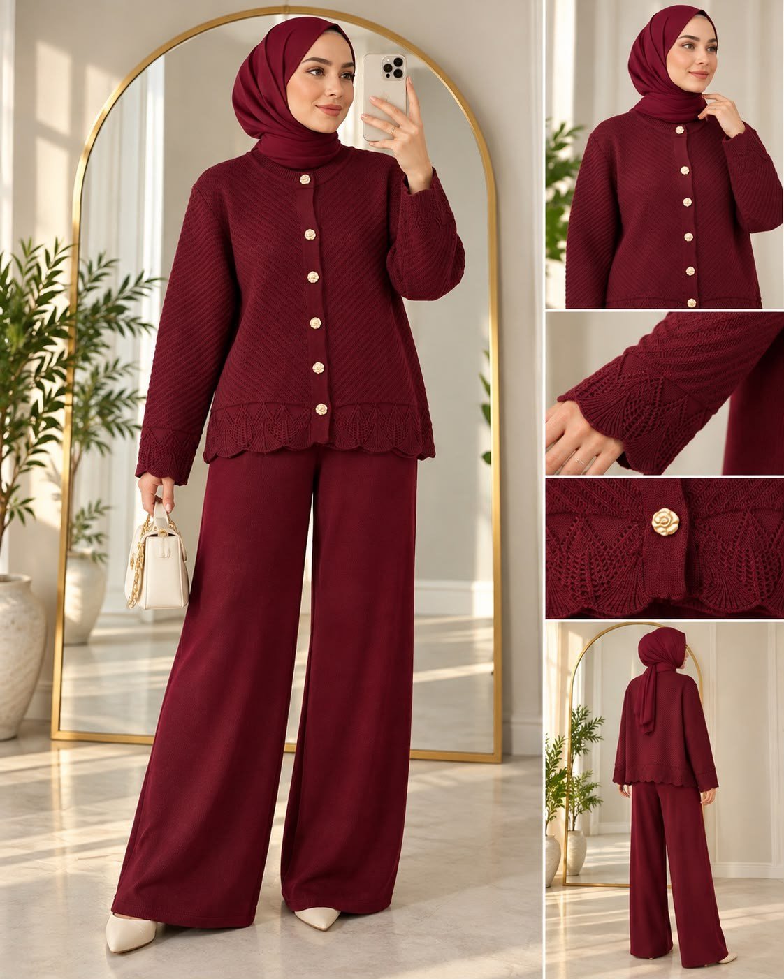 Kadın Lavin Hakim Yaka Triko Pantolonlu Takım Bordo