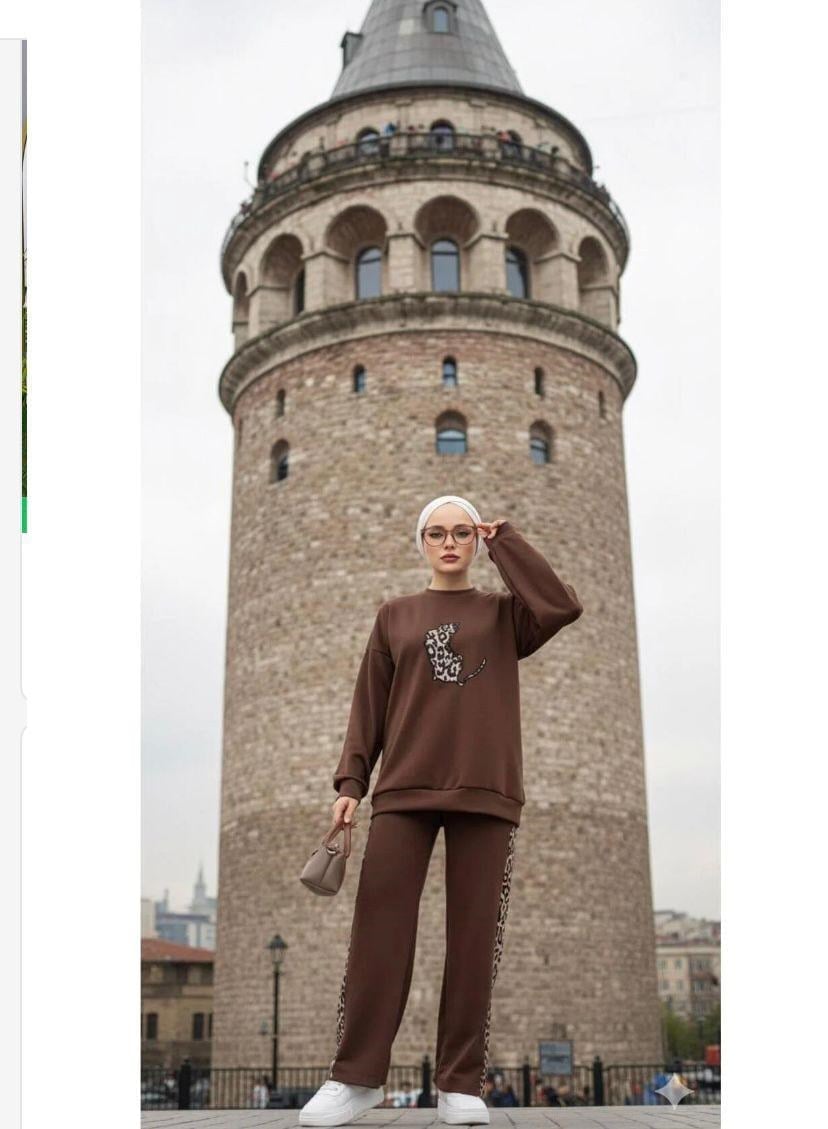 Kadın Leopar Baskılı Eşofman Takımı Kahverengi