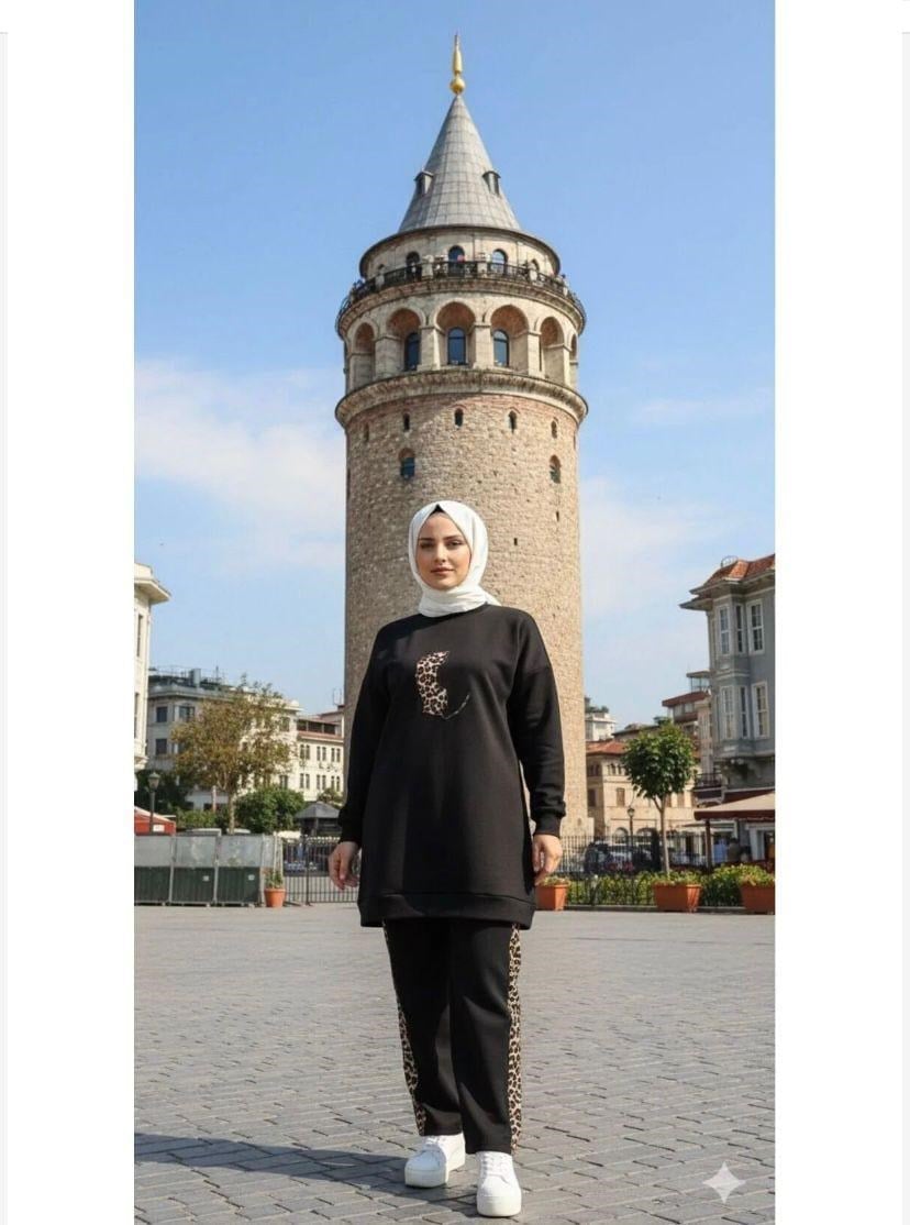 Kadın Leopar Baskılı Eşofman Takımı Siyah