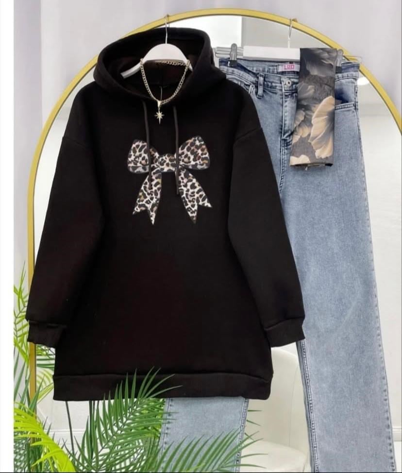 Kadın Leopar Fiyonk Baskılı Sweatshirt Kahverengi