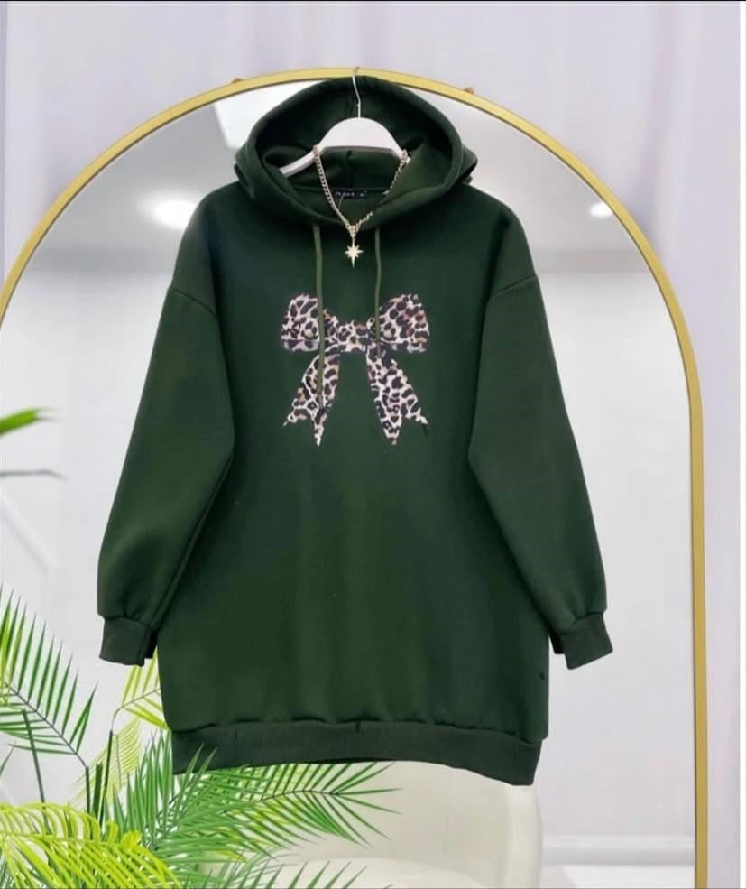 Kadın Leopar Fiyonk Baskılı Sweatshirt Haki