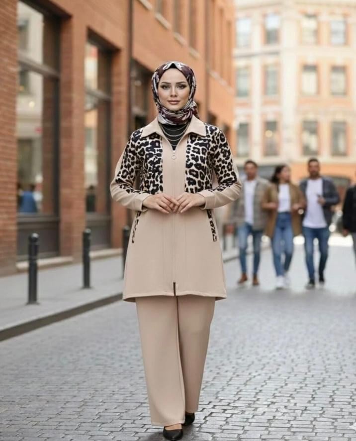 Kadın Leopar Parçalı İkili Takım Bej