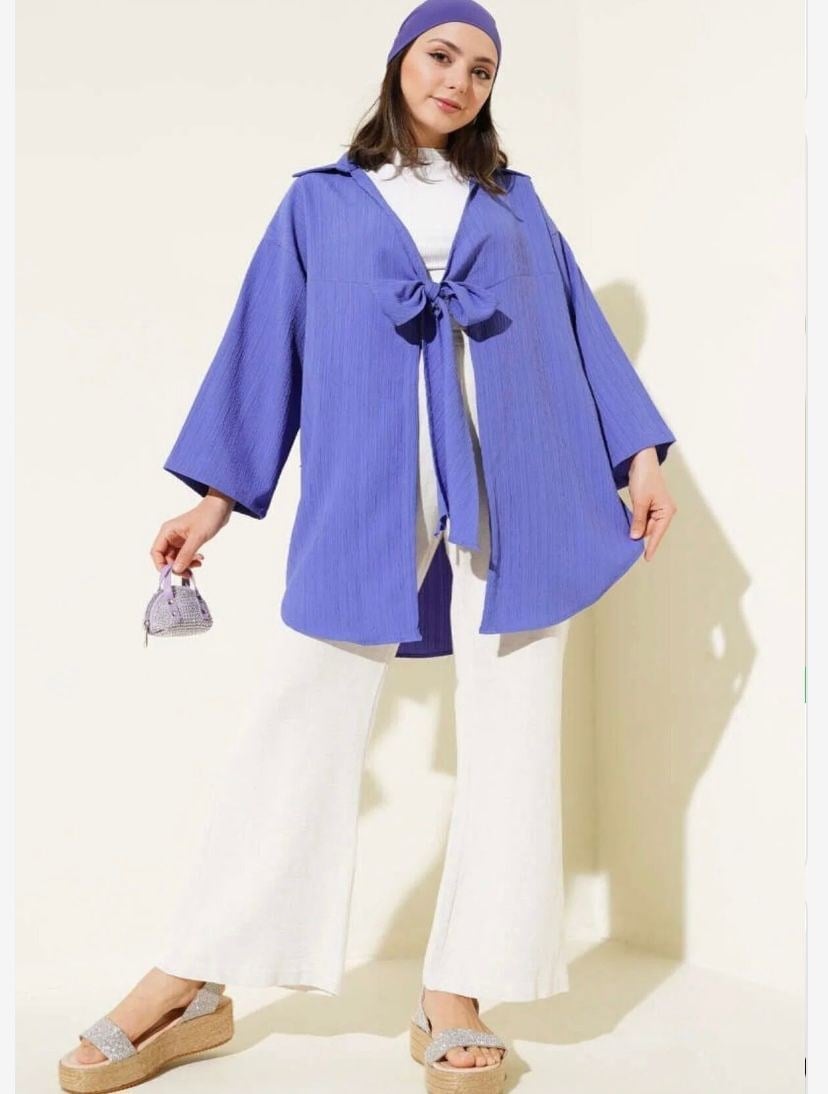 Kadın Ön Bağcıklı Kimono Mavi