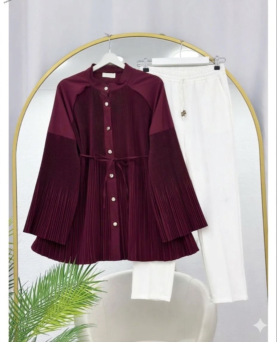 Kadın pliseli gömlek - bordo