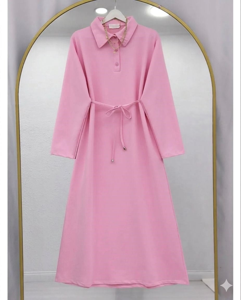 Kadın Polo Yaka Bağcıklı Elbise - Pembe