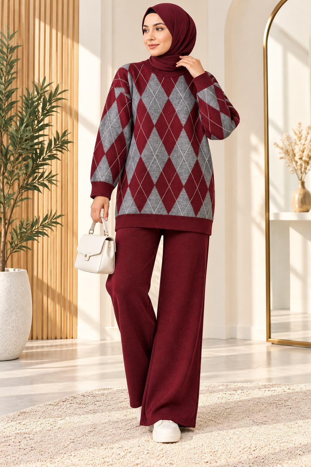 Kadın Tesettür Baklava Desenli Triko Pantolonlu Takım Bordo