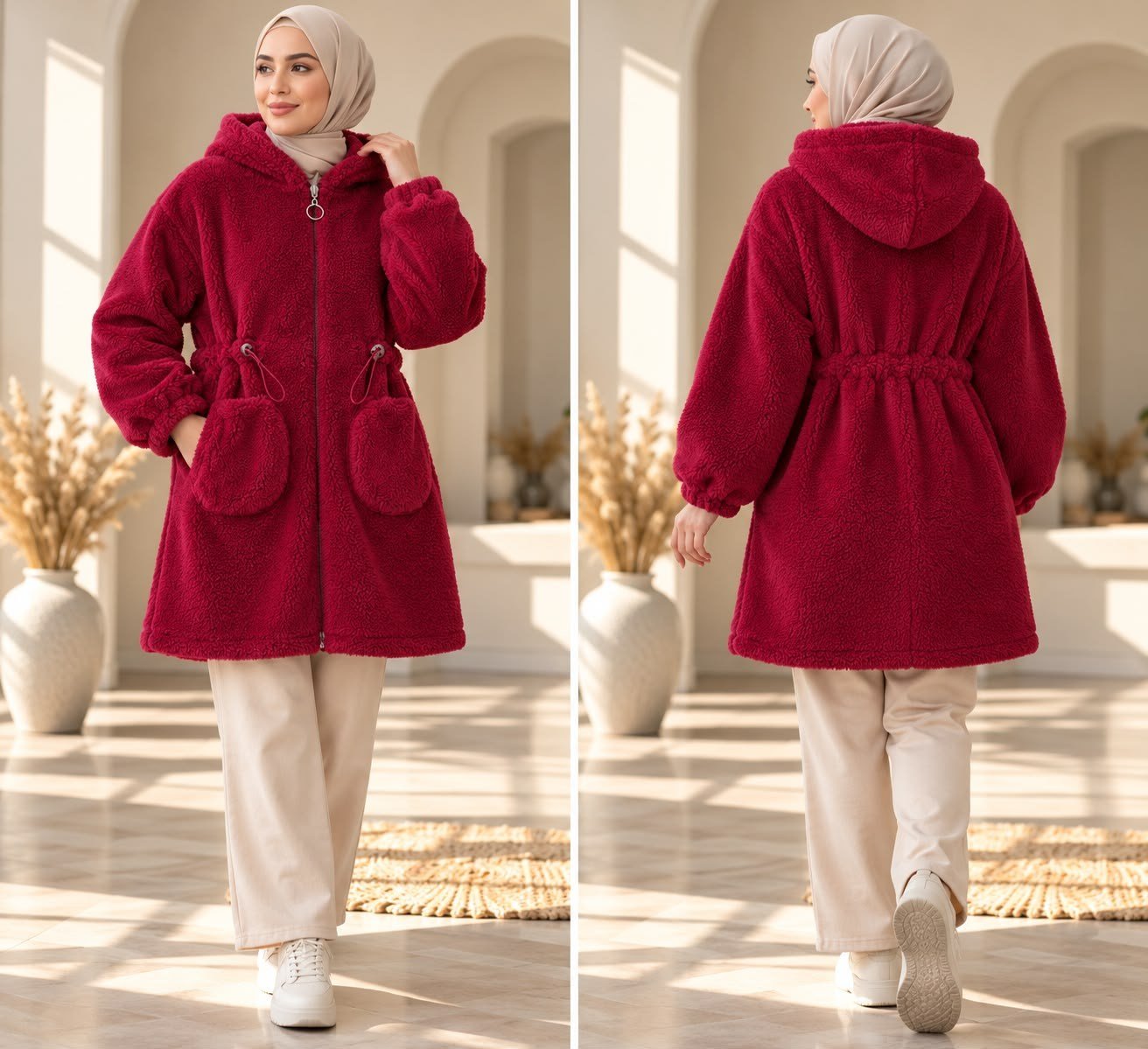 Kadın Tesettür Beli Lastikli Peluş Hırka Bordo